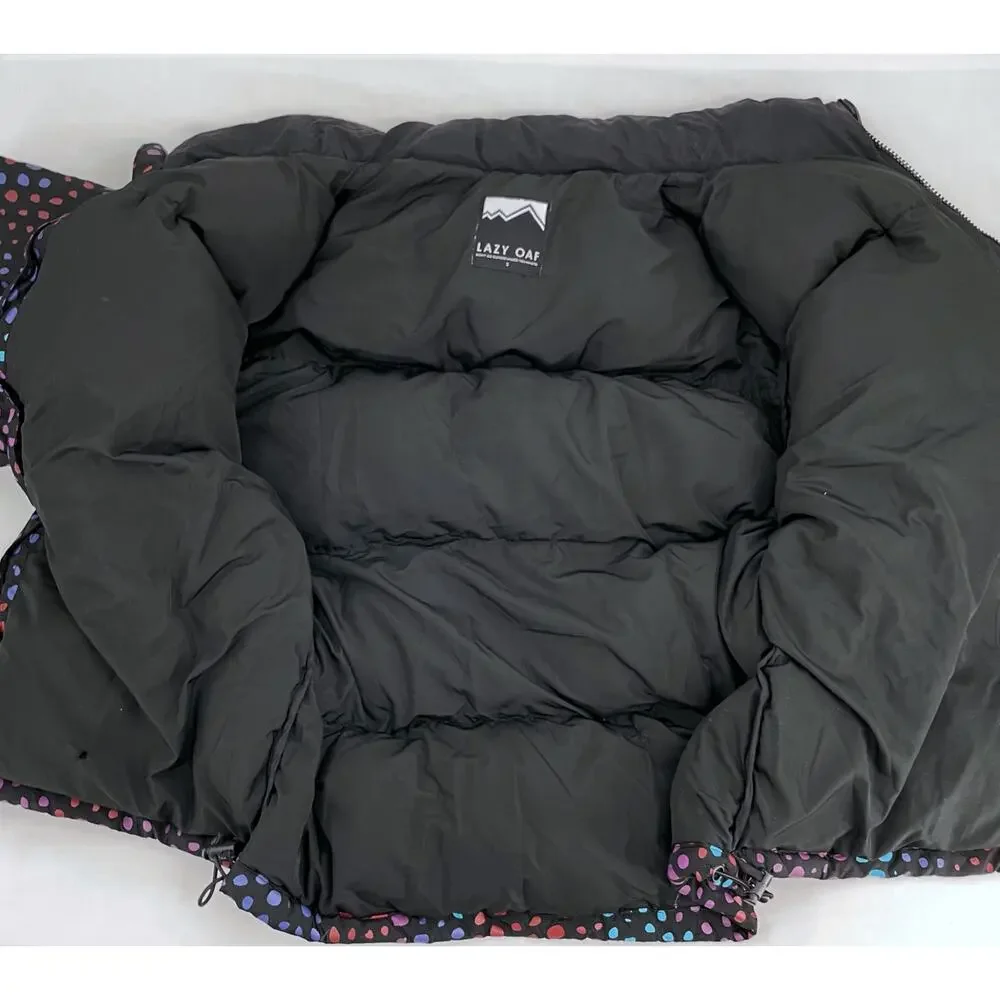 Lazy Oaf Midnight Lizard Puffer Jacket Black Rainbow Spotted Coat Unisex Size S